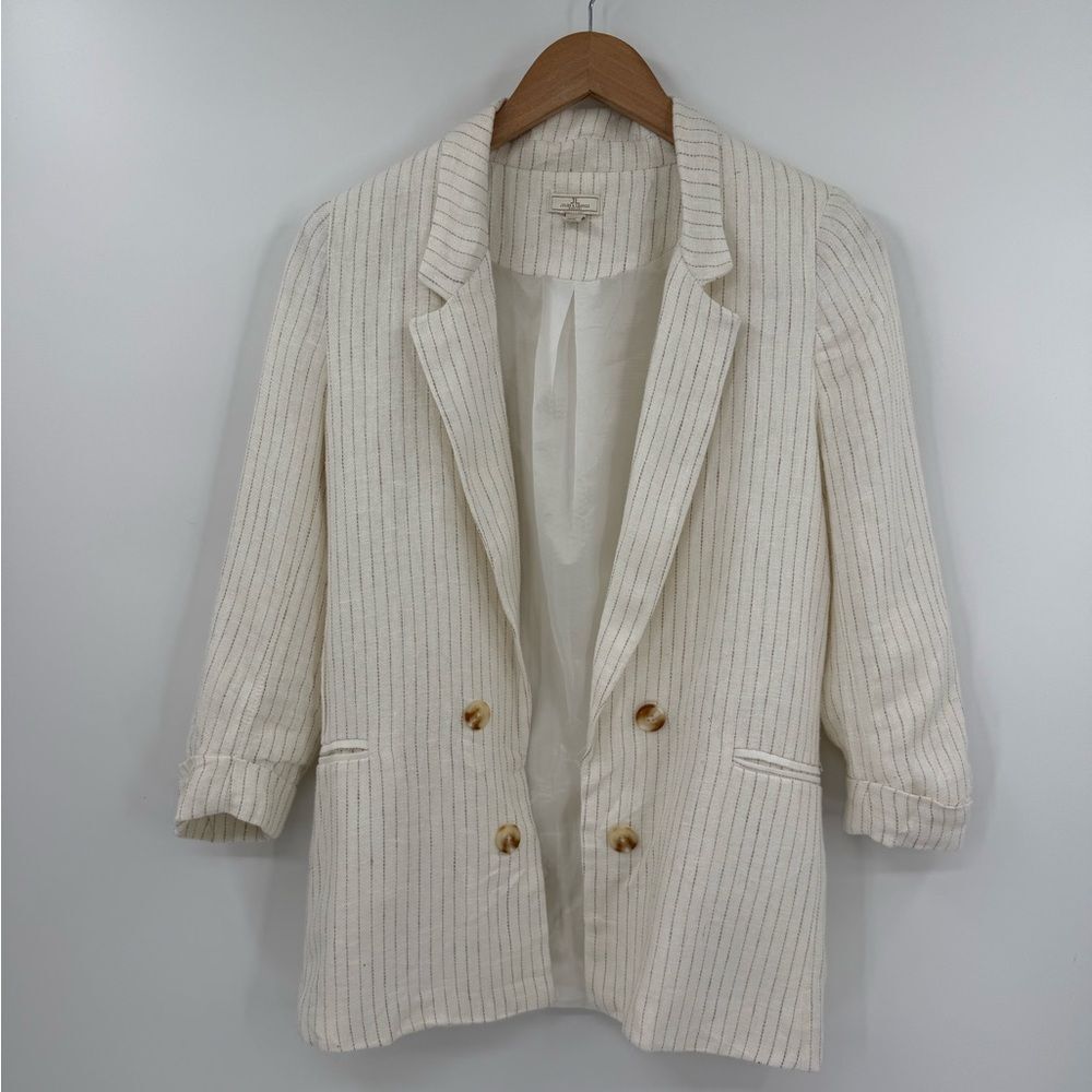 Jules & Leopold Pinstripe Linen Blend Double Breasted Blazer | Cream/Tan | Small